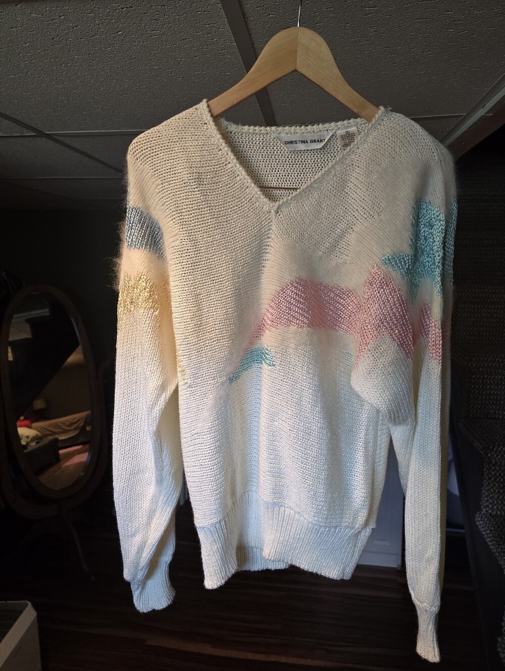Vintage Christina Grant 80s Pastel Geometric Angora Blend V-Neck Sweater Small